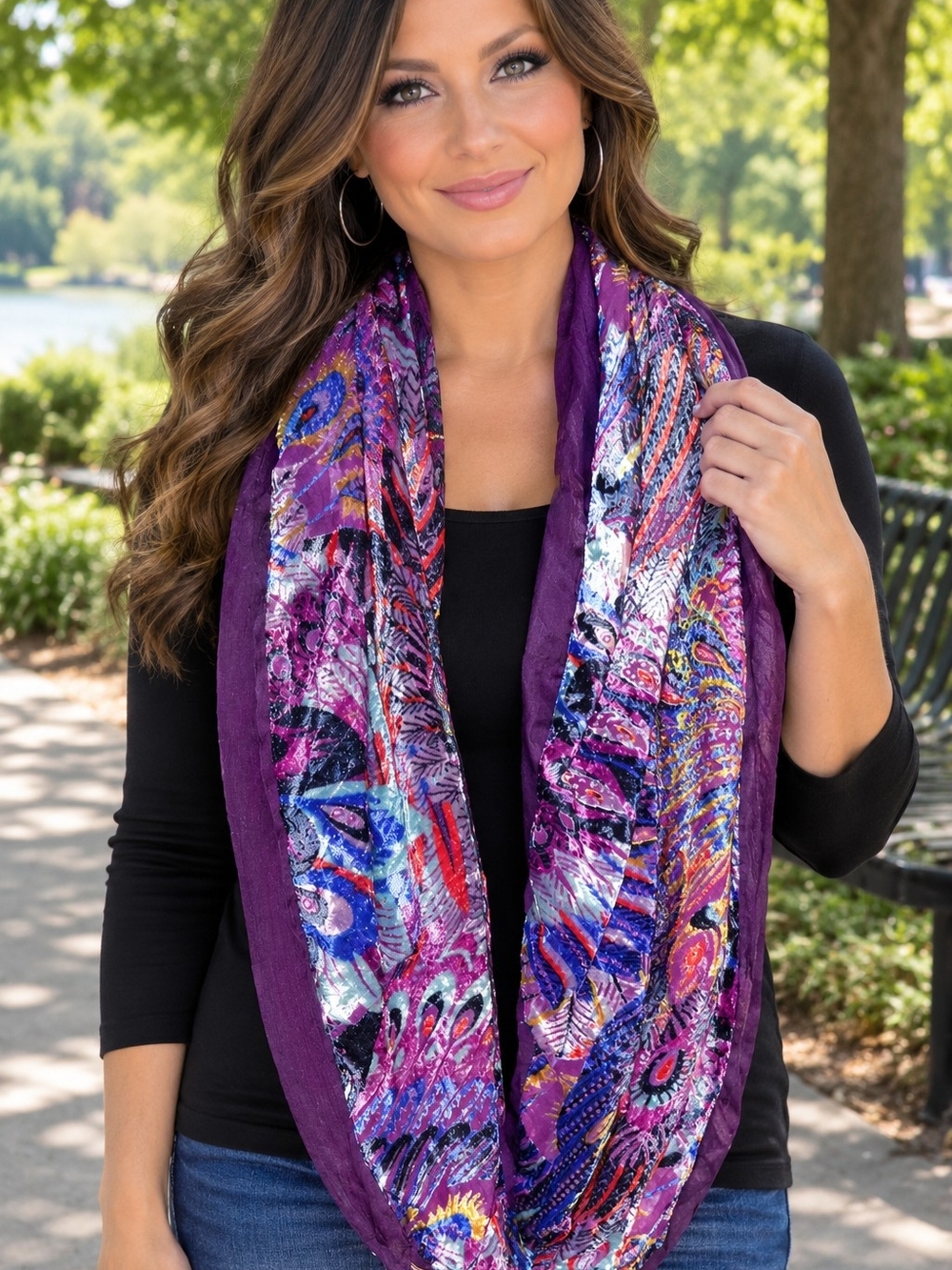 Collections Etc Abstract Loop Scarf in Purple & Multicolor Like New